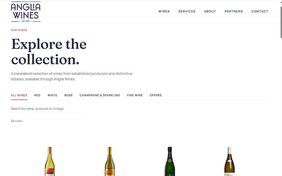 The Anglia Wines collection page, showing a filterable list of wines