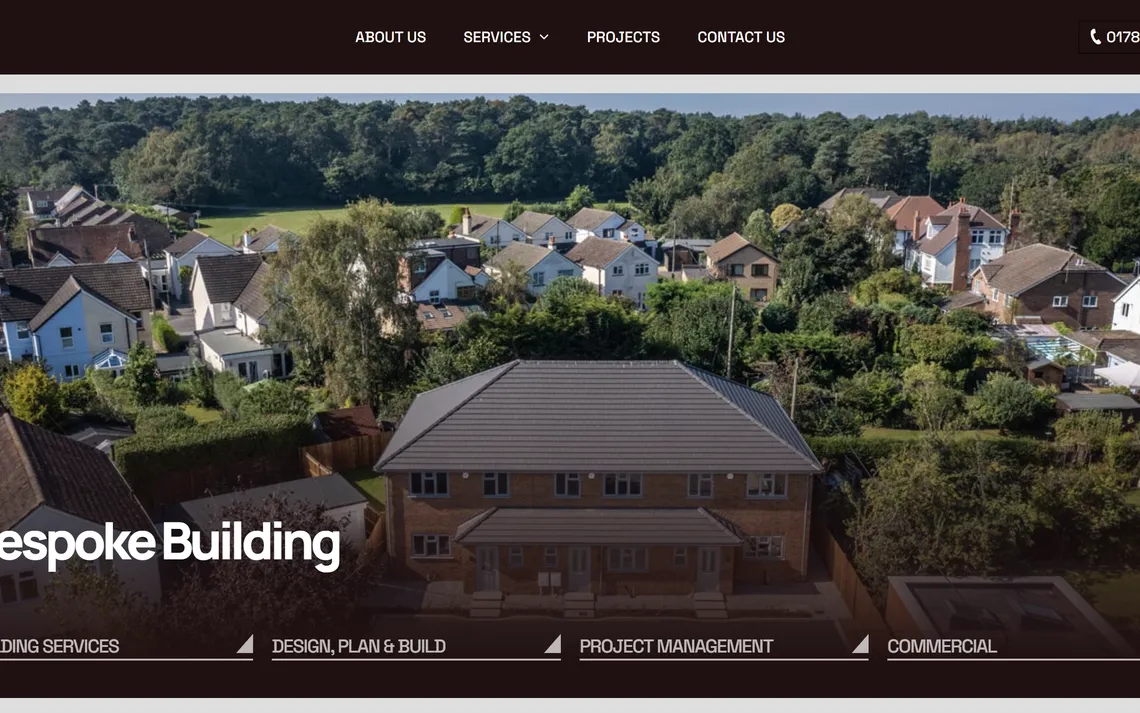 The CCM homepage, showing aerial photography of a building project and four service routes