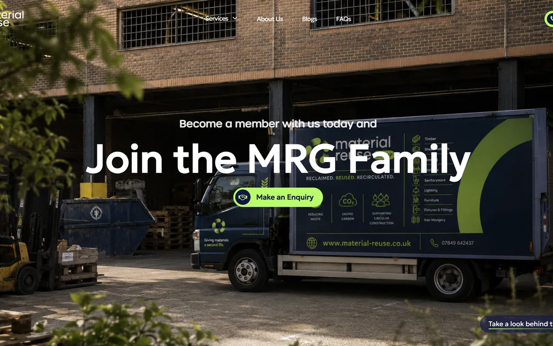The Material Reuse homepage, showing reclaimed building materials with an enquiry button